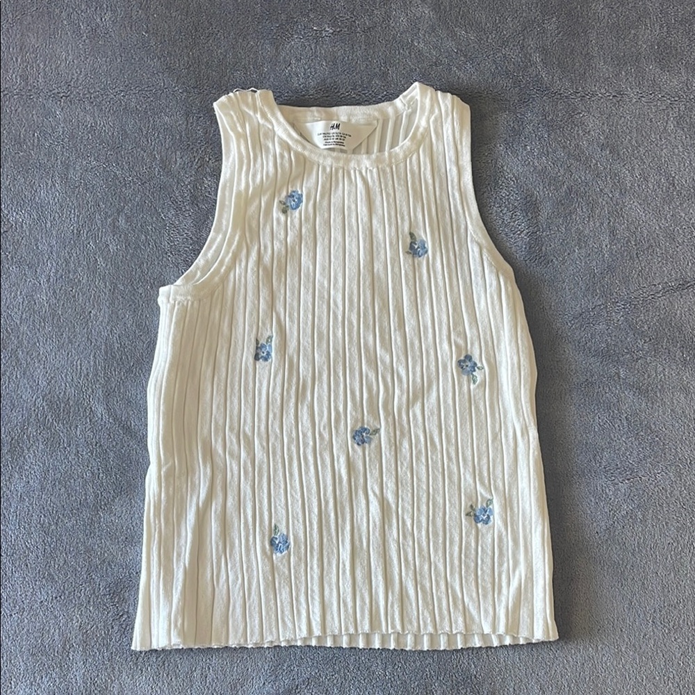 H&M Ribbed White Tank with Blue Floral Details